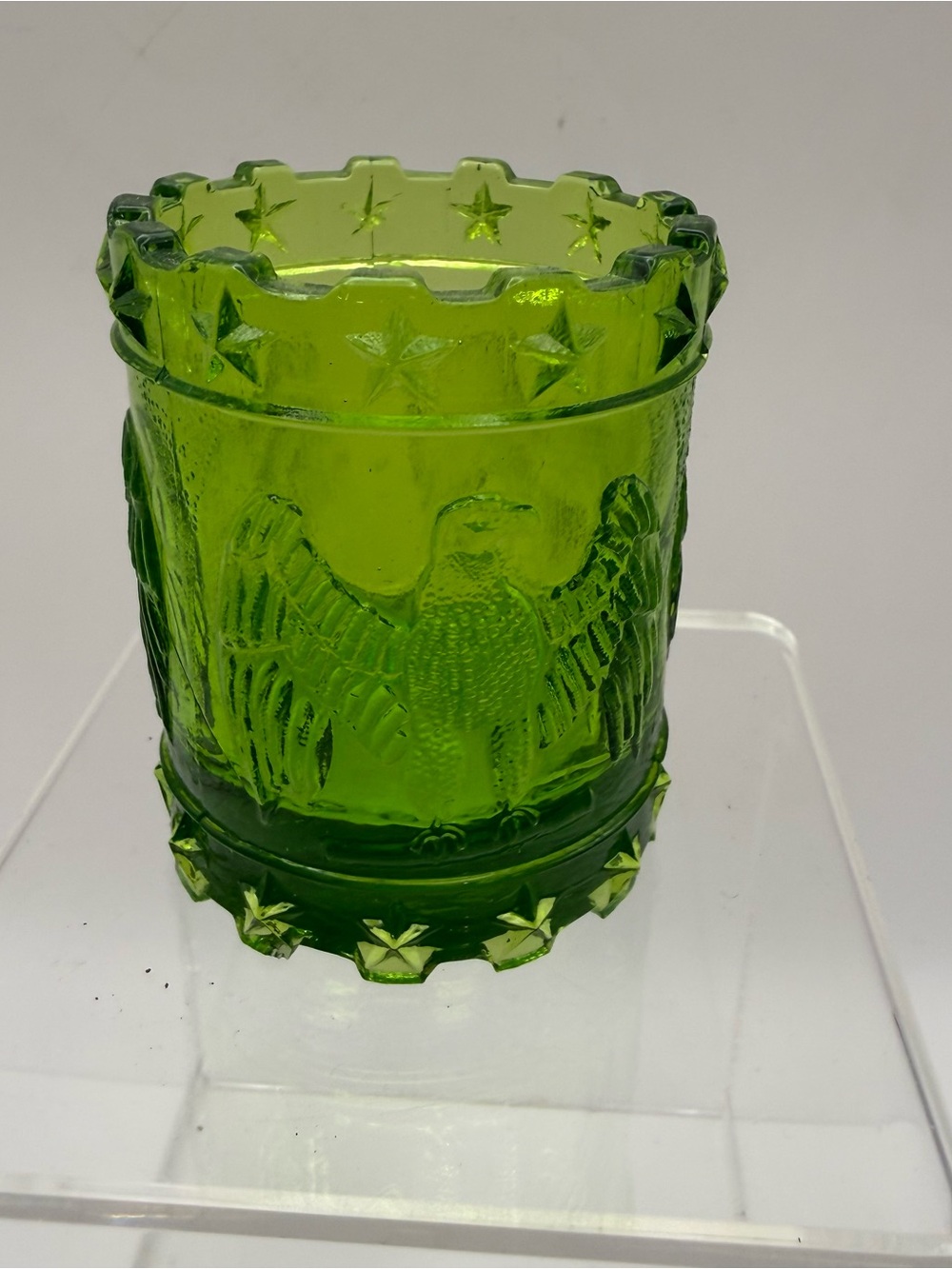 Vintage American Eagle And Stars Toothpick Holder Green Glass Kanawha Patriotic